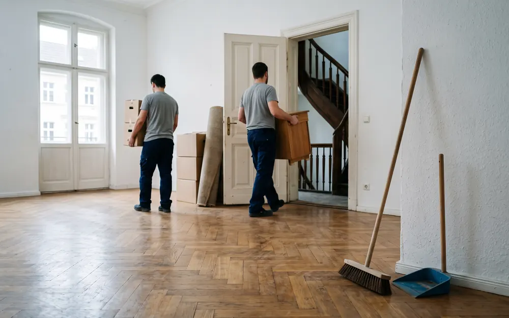 Leergeräumte Altbauwohnung, zwei Mitarbeiter tragen die letzten Kartons hinaus, daneben steht der Besen bereit