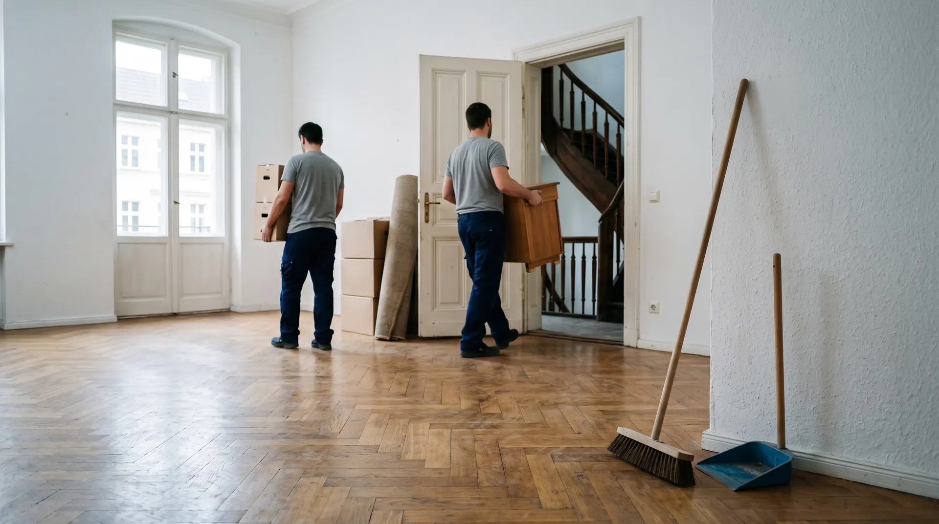 Leergeräumte Altbauwohnung, zwei Mitarbeiter tragen die letzten Kartons hinaus, daneben steht der Besen bereit