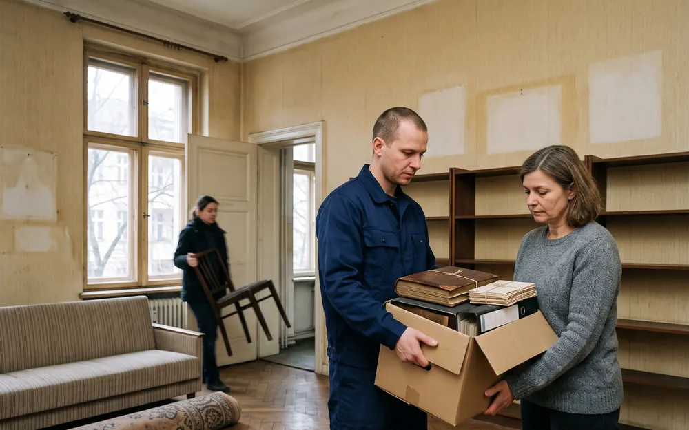 Mitarbeiter &uuml;bergibt in einer leerger&auml;umten Altbauwohnung eine Kiste mit Fotoalben und Unterlagen an eine Angeh&ouml;rige