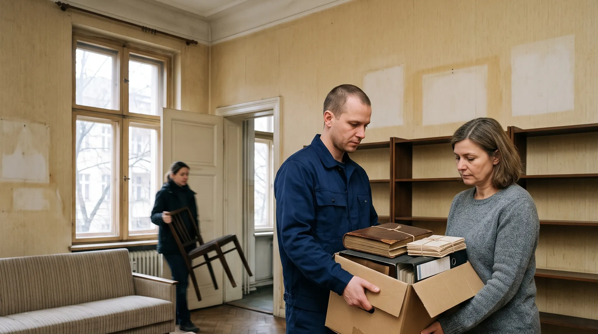 Mitarbeiter übergibt in einer leergeräumten Altbauwohnung eine Kiste mit Fotoalben und Unterlagen an eine Angehörige, im Hintergrund wird ein Stuhl hinausgetragen