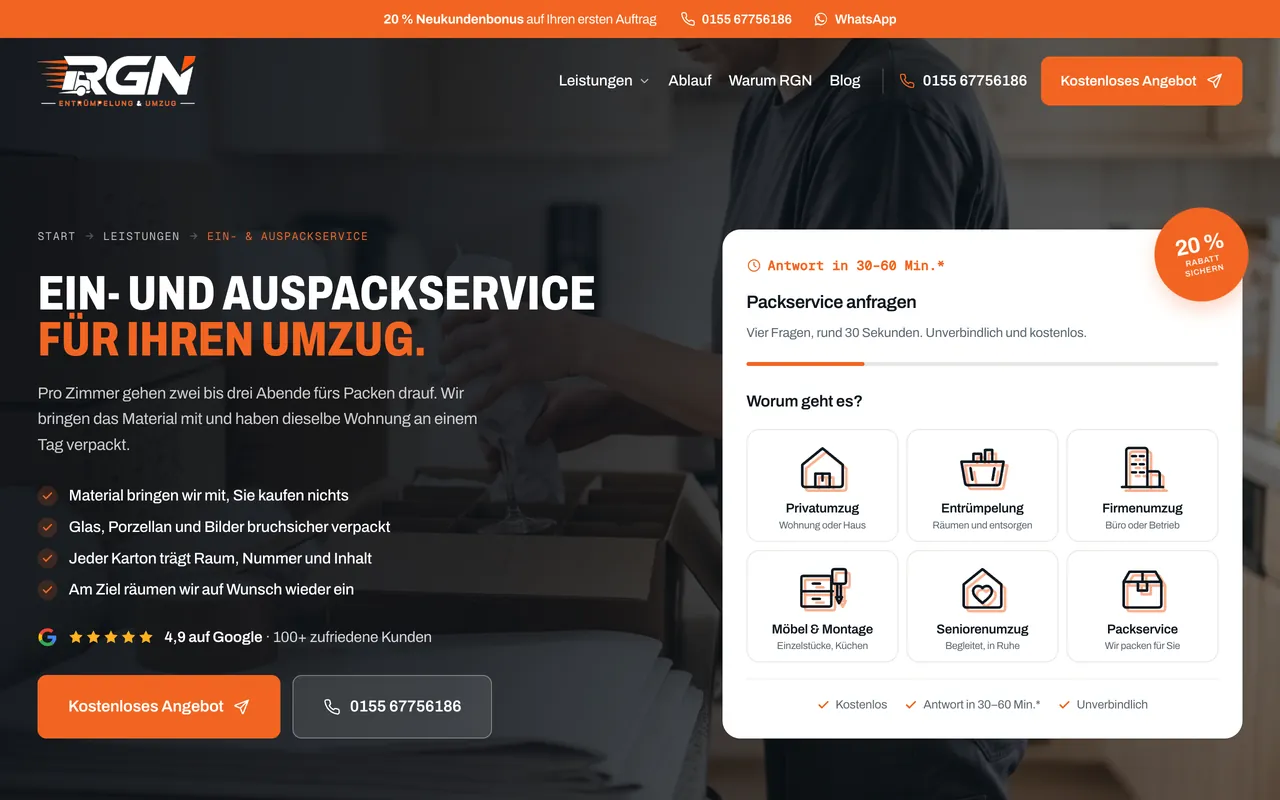Die Anfragestrecke von RGN Entrümpelung & Umzug auf einem Laptop-Bildschirm