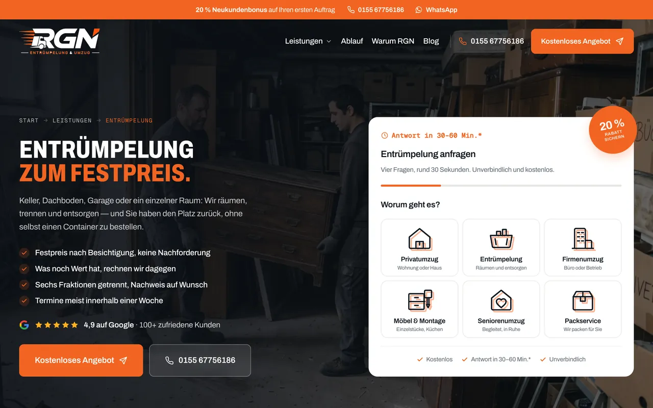 Das Anfrageformular von RGN Entrümpelung & Umzug auf einem Laptop