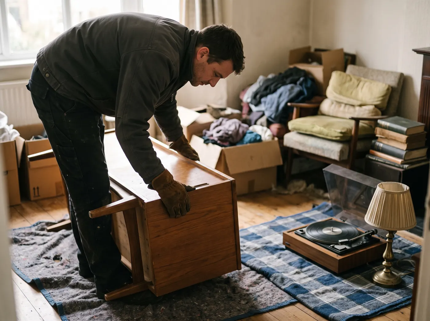 Zwei Mitarbeiter tragen einen Sessel aus einer Wohnung