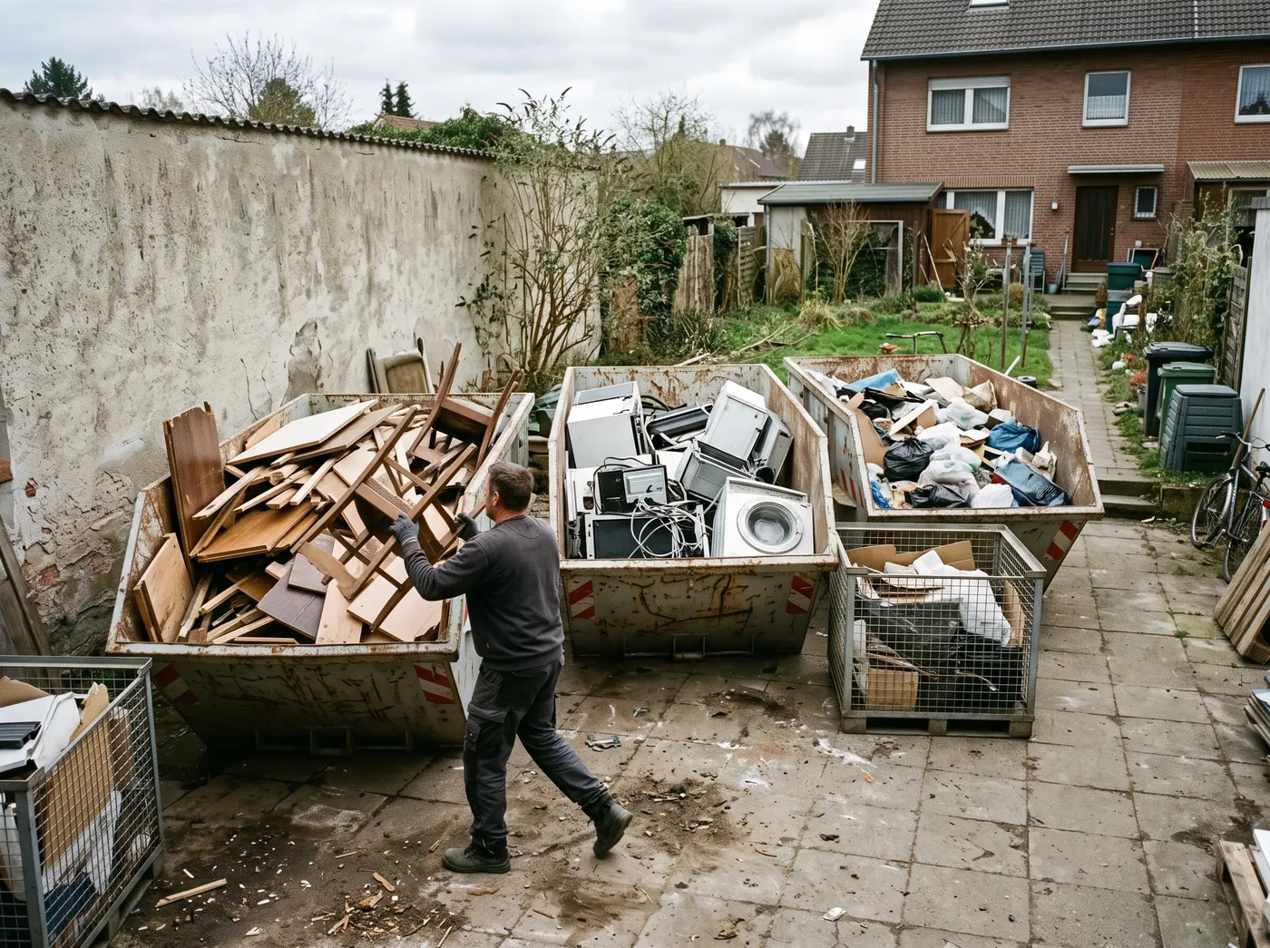 Sortierte Gegenst&auml;nde vor einem Container bei einer Entr&uuml;mpelung