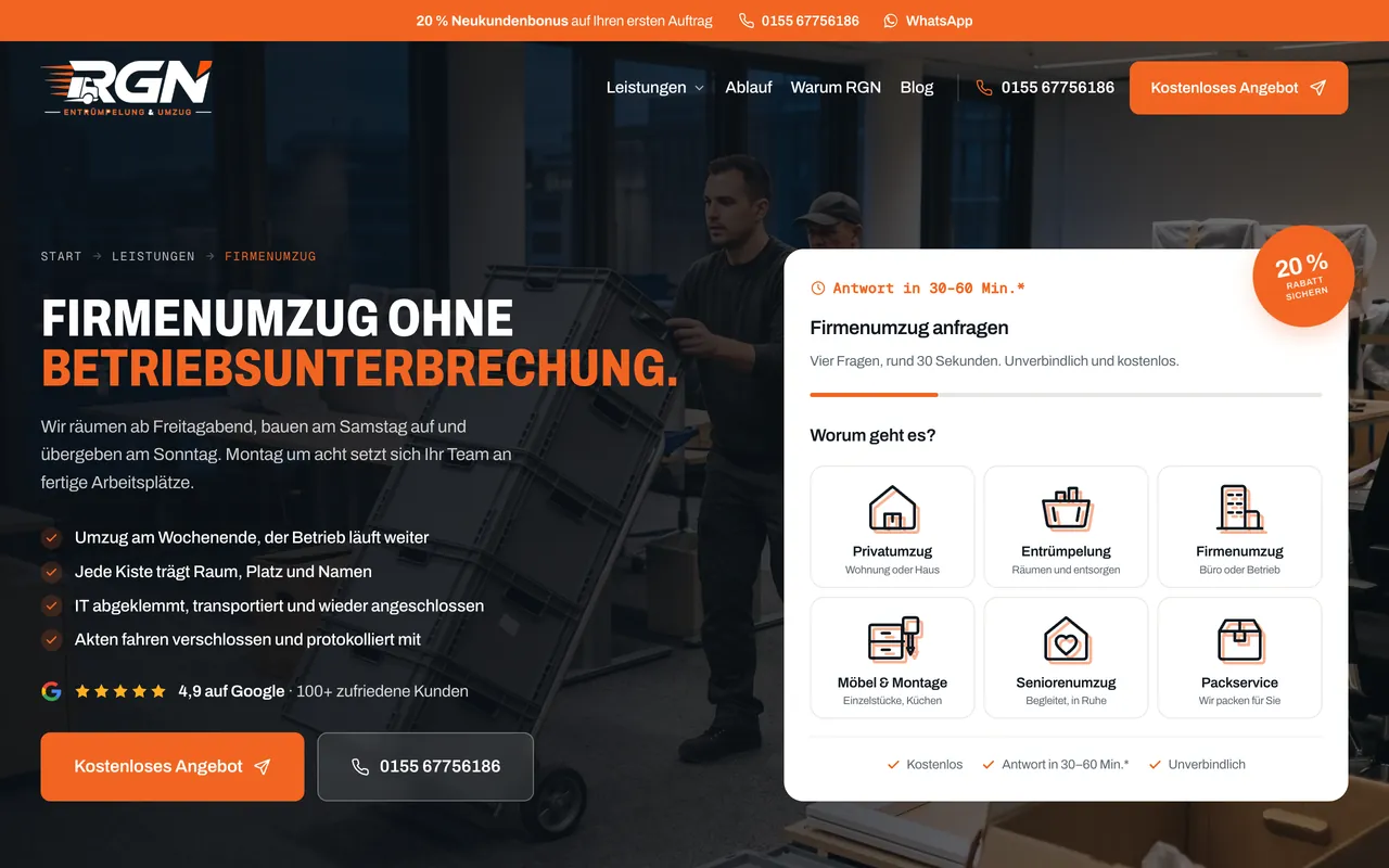 Die Anfragestrecke von RGN Entrümpelung & Umzug auf einem Laptop-Bildschirm