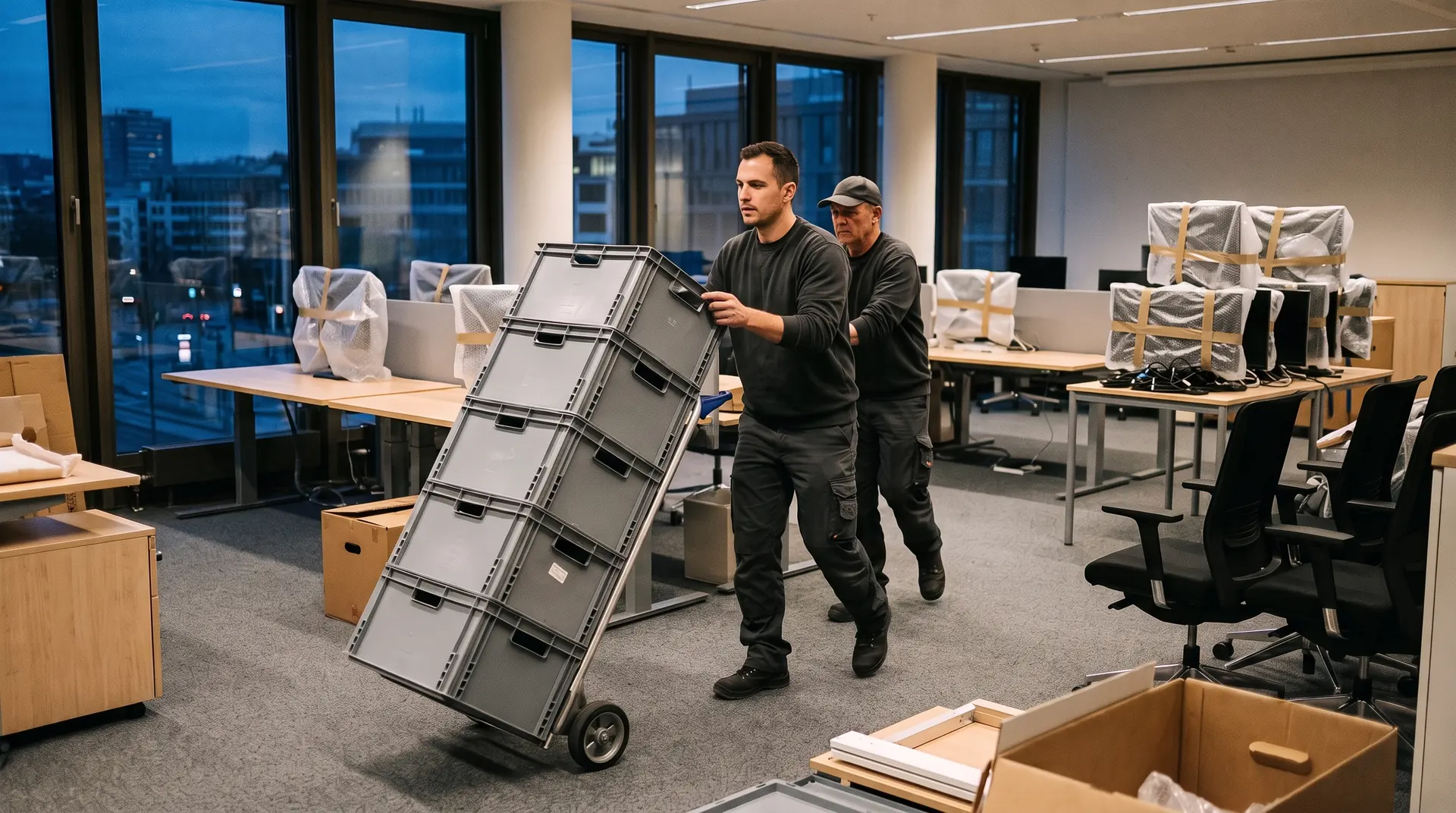 Zwei Möbelpacker schieben einen Rollwagen mit Umzugsboxen durch ein leergeräumtes Großraumbüro