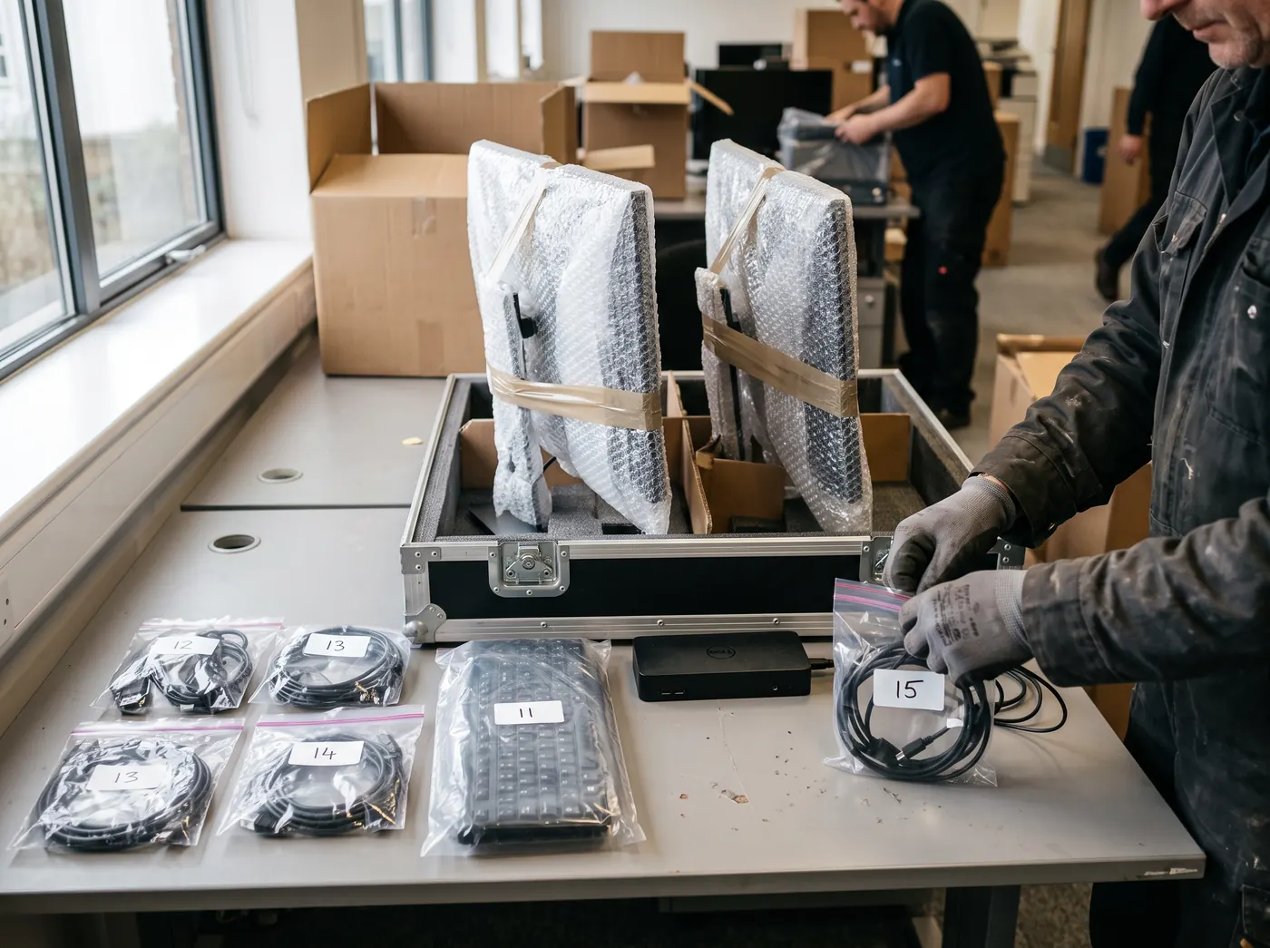 IT-Mitarbeiter schließt am neuen Standort Monitore und Rechner wieder an