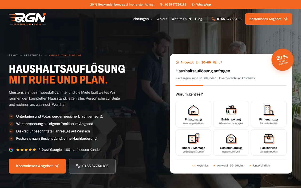 Die Anfragestrecke von RGN Entrümpelung & Umzug auf einem Laptop-Bildschirm