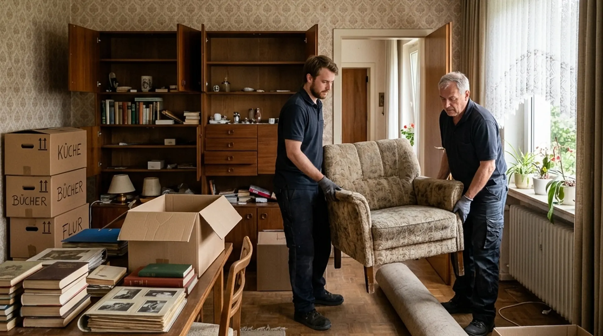 Wohnzimmer einer aufzulösenden Wohnung mit Sessel, Schrank und Kartons