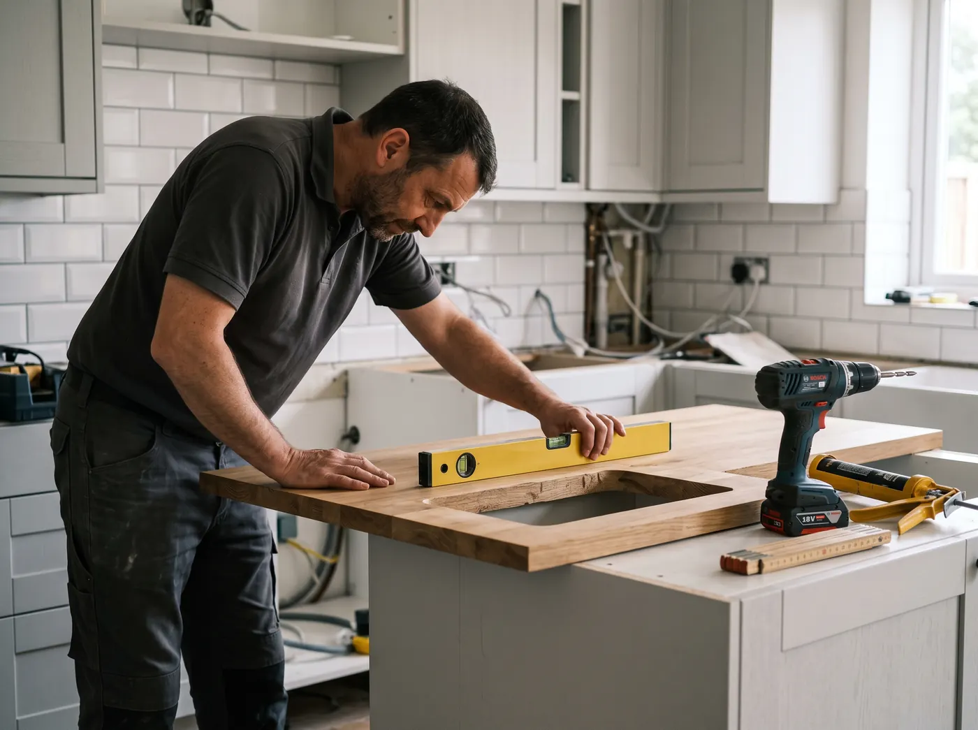 Monteur setzt eine Arbeitsplatte auf die Unterschränke einer Einbauküche