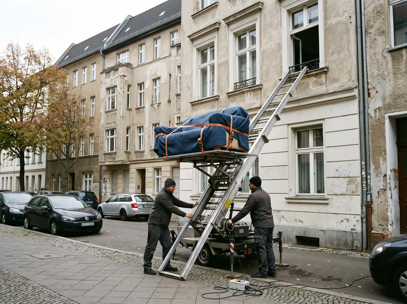 Außenaufzug befördert Umzugsgut an der Hausfassade zum Fenster