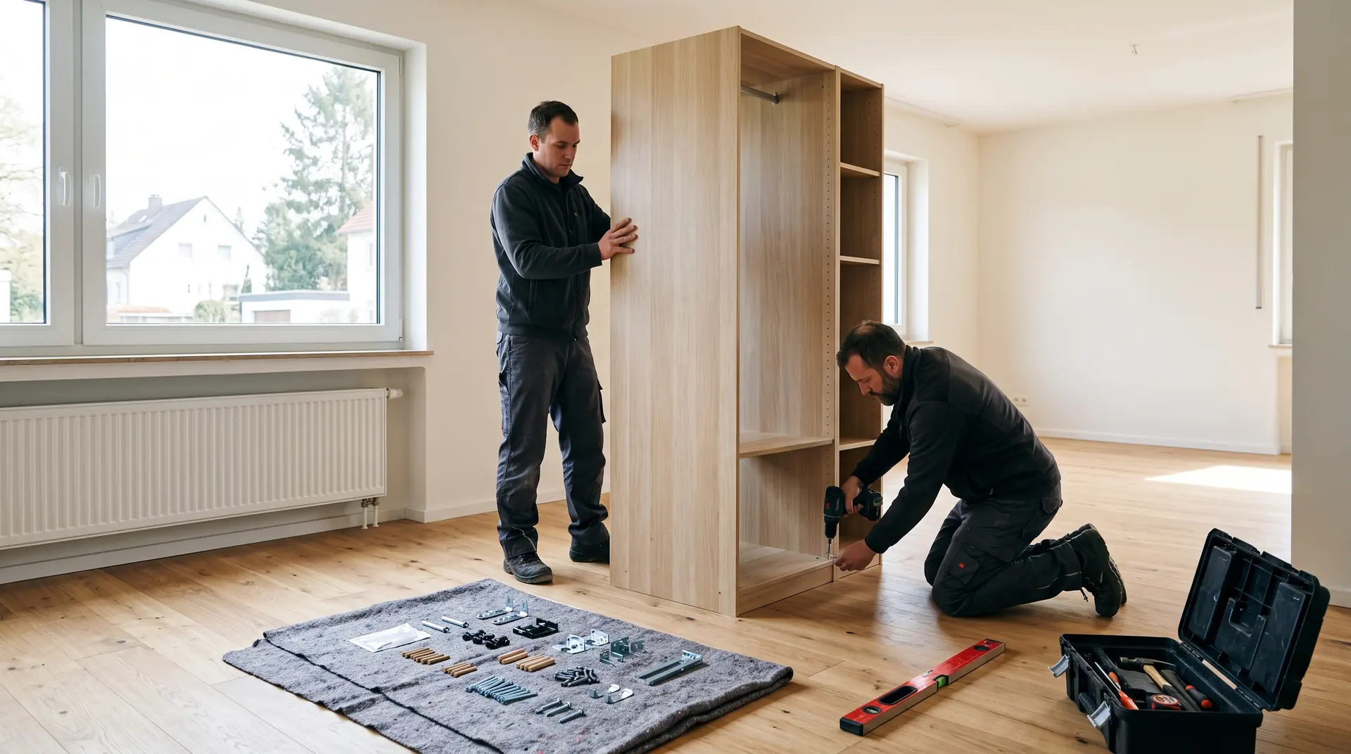 Zwei Monteure bauen einen hohen Kleiderschrank in einer leeren Wohnung auf, Werkzeug liegt bereit