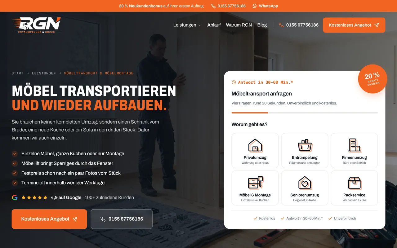 Die Anfragestrecke von RGN Entrümpelung & Umzug auf einem Laptop-Bildschirm