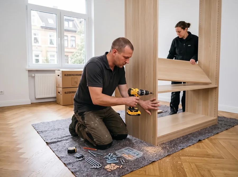 Monteur baut einen Kleiderschrank in einer leeren Wohnung auf