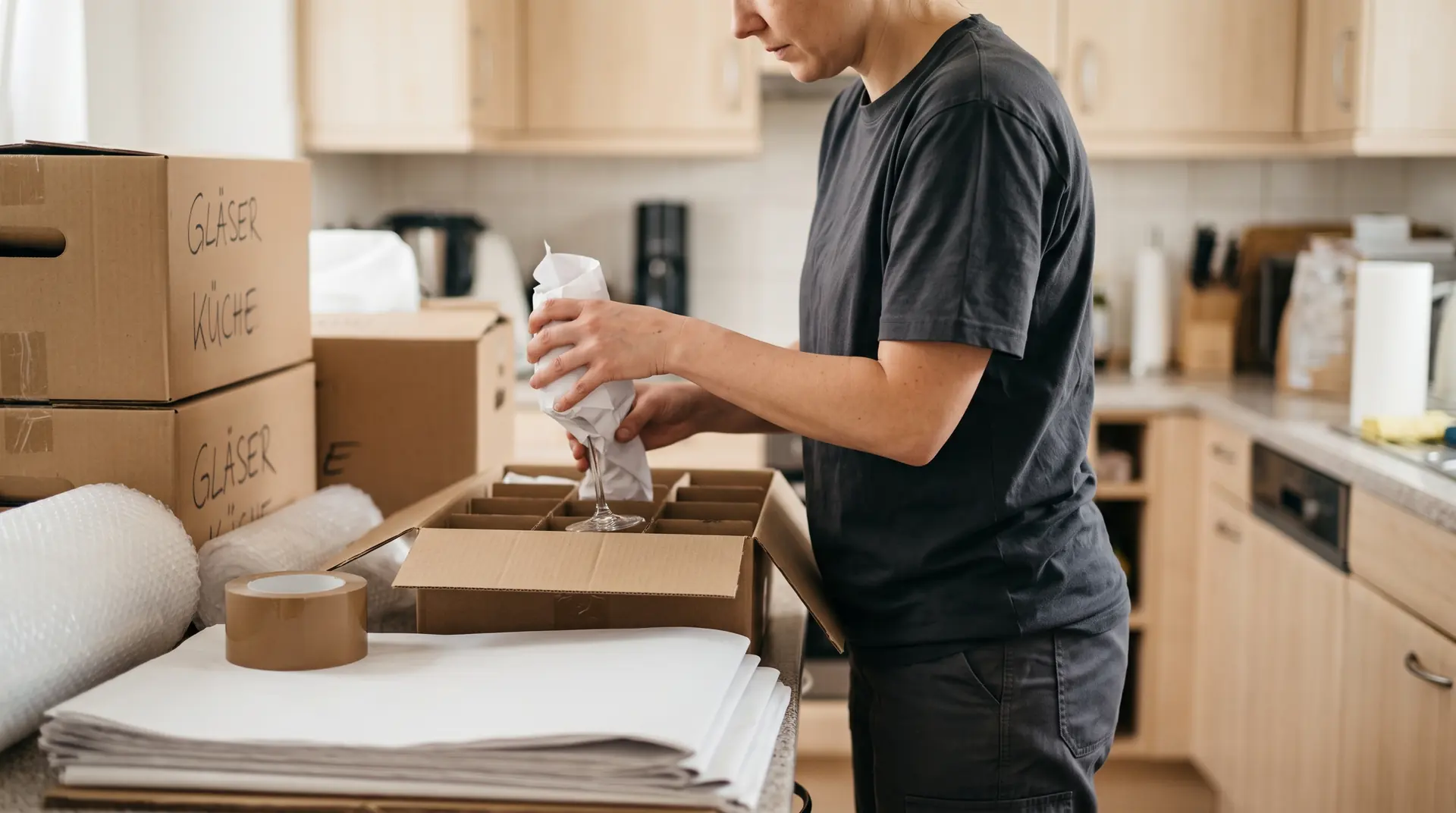 Packerin wickelt ein Weinglas in Packpapier und stellt es in einen Karton mit Einsätzen