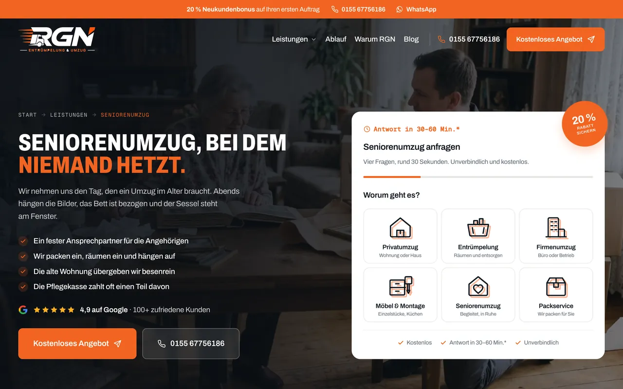Die Anfragestrecke von RGN Entrümpelung & Umzug auf einem Laptop-Bildschirm