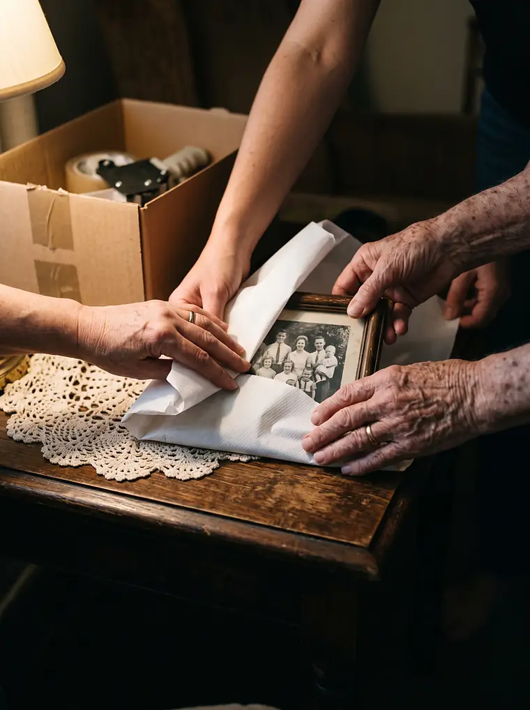 Hände wickeln ein gerahmtes Familienfoto in Packpapier