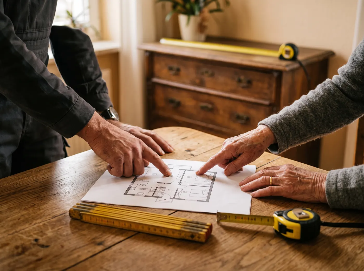 Mitarbeiter misst mit dem Zollstock die neue Wohnung aus