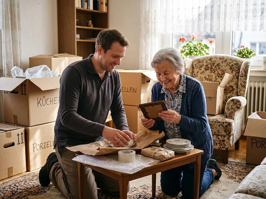 Umzugshelfer verpackt Porzellan gemeinsam mit einer Seniorin