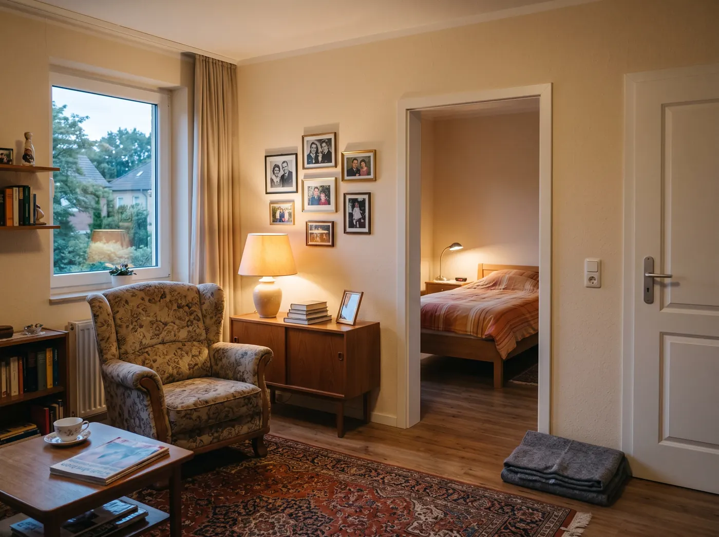 Seniorin sitzt am Fenster ihrer neuen Wohnung, Möbel stehen bereits an ihrem Platz