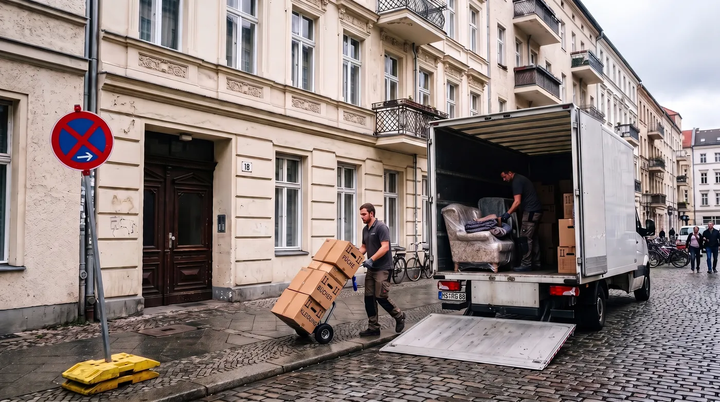 Umzugshelfer beladen einen Transporter vor einem Altbau mit Halteverbotszone
