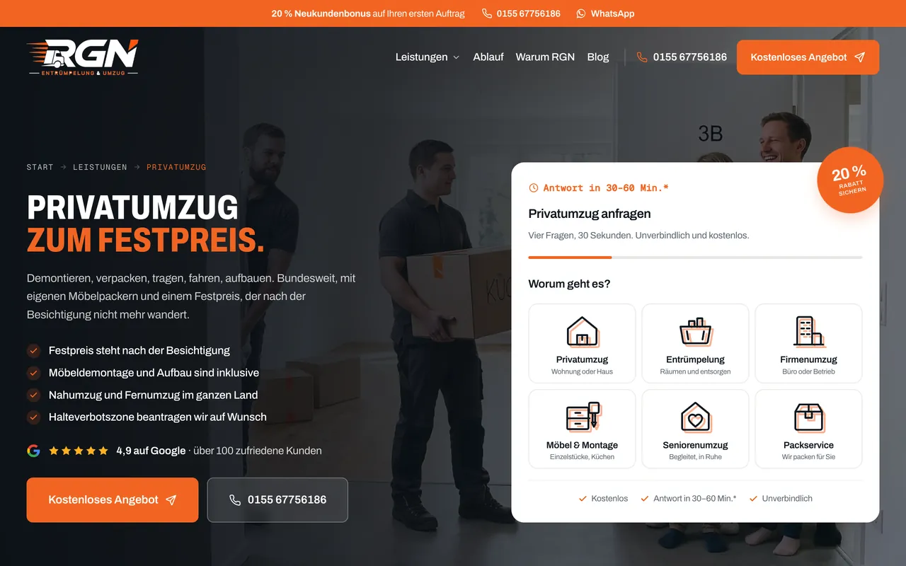 Die Anfragestrecke von RGN Entrümpelung & Umzug auf einem Laptop-Bildschirm
