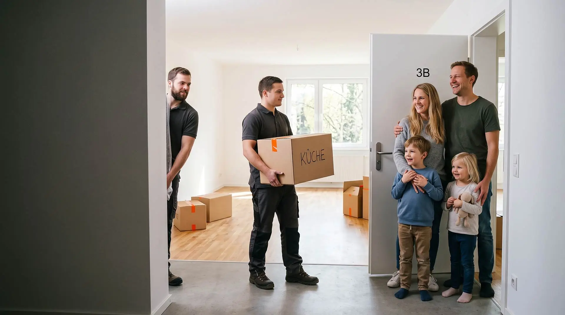 Familie steht in der Tür ihrer neuen Wohnung, während Möbelpacker Kartons hineintragen
