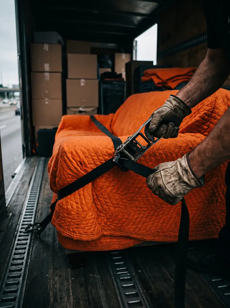 Hände ziehen einen Spanngurt über ein in Decken gewickeltes Sofa im LKW