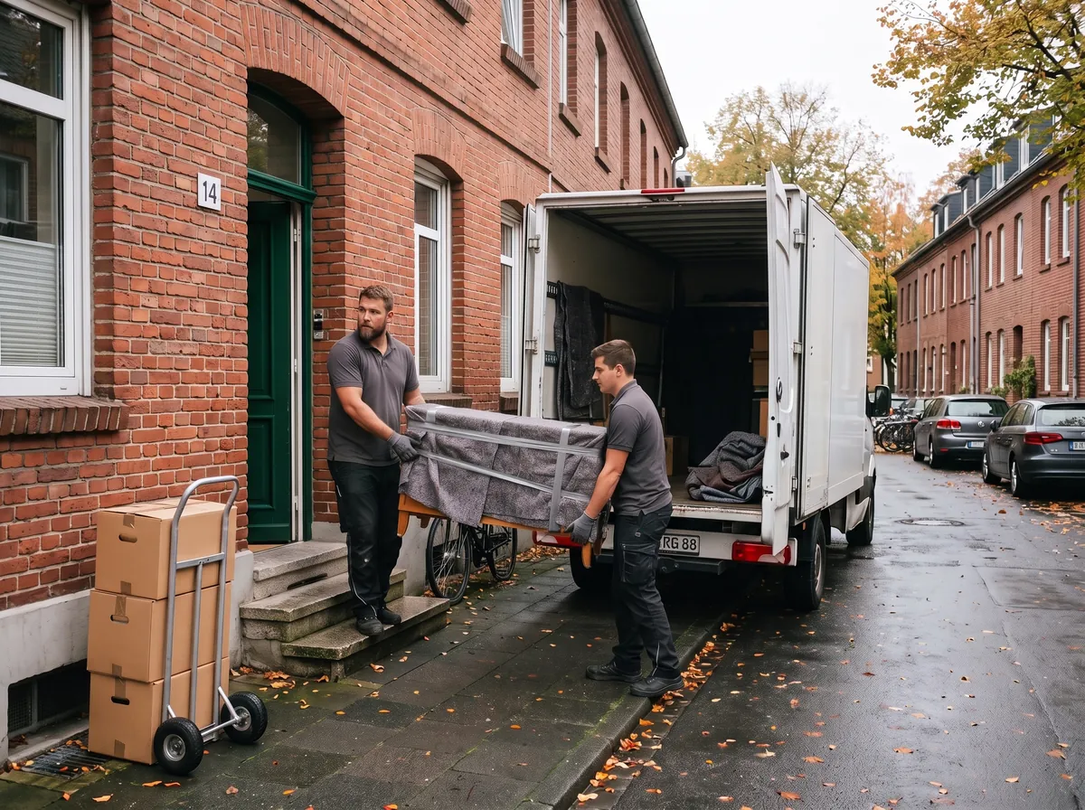 Zwei Umzugshelfer tragen eine in Decken gewickelte Kommode aus dem Hauseingang zum Transporter